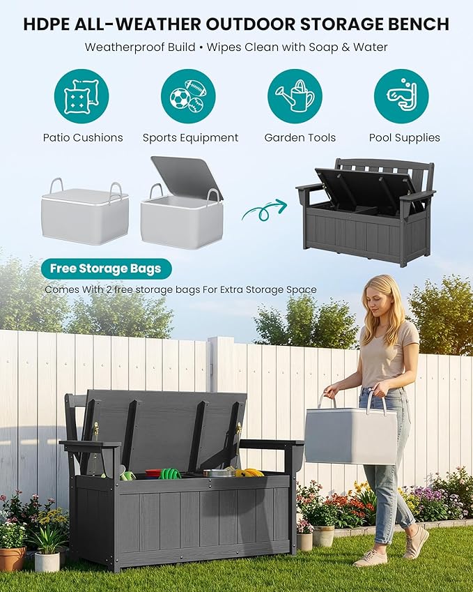 SERWALL HDPE Outdoor Storage Bench, All-Weather, UV-Resistant Deck Box with Waterproof Storage Bags, 57 Gallon Dual-Use Seat & Organizer Deck Boxes for Patio, Garden Tools & Pool (Gray) - Image 5