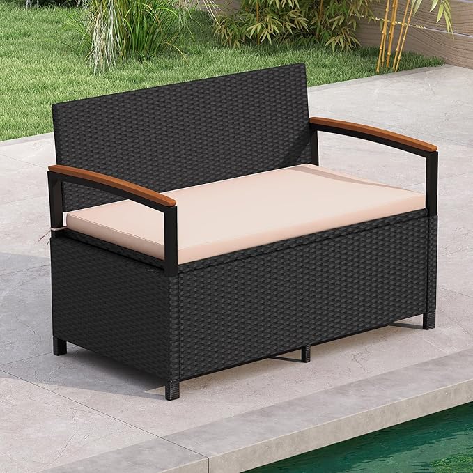 RELAX4LIFE Wicker Outdoor Storage Bench, Rattan Deck Box w/Protective Liner for Patio Furniture Pillows & Garden Tools, Porch Loveseat with Seat Cushion, Acacia Wood Armrests (Black-Beige) by RELAX4LIFE