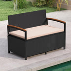 RELAX4LIFE Wicker Outdoor Storage Bench, Rattan Deck Box w/Protective Liner for Patio Furniture Pillows & Garden Tools, Porch Loveseat with Seat Cushion, Acacia Wood Armrests (Black-Beige) by RELAX4LIFE