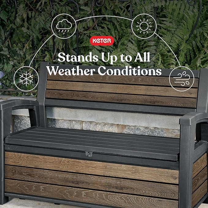 Keter Signature 60 Gallon Storage Bench Deck Box for Patio Furniture, Front Porch Decor and Outdoor Seating – Perfect to Store Garden Tools, Walnut - Image 3
