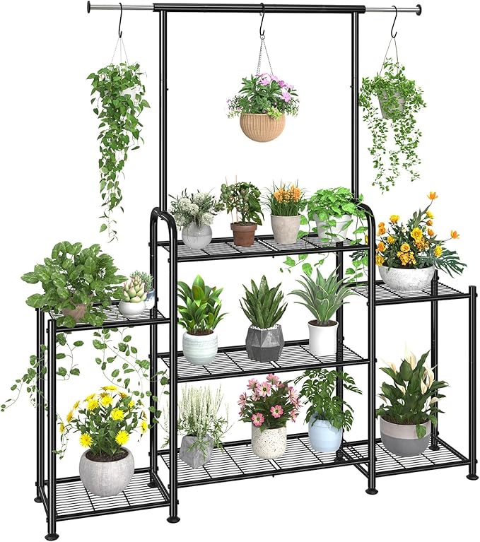 Simple Trending Plant Stand Indoor Outdoor, Metal 3 Tier Tall Hanging Plant Shelf for Multiple Flower Planter Large Heavy Duty Ladder Plant Holder for Garden, Black by SimpleTrending