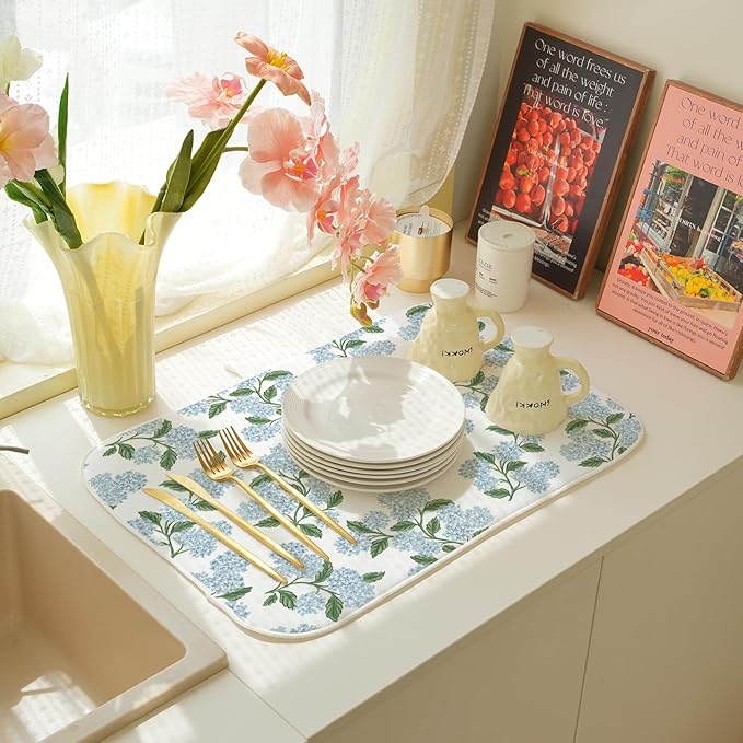 Blue Sage Green Hydrangea Dish Drying Mats 18x24 Inch Floral Mats Spring - Image 6