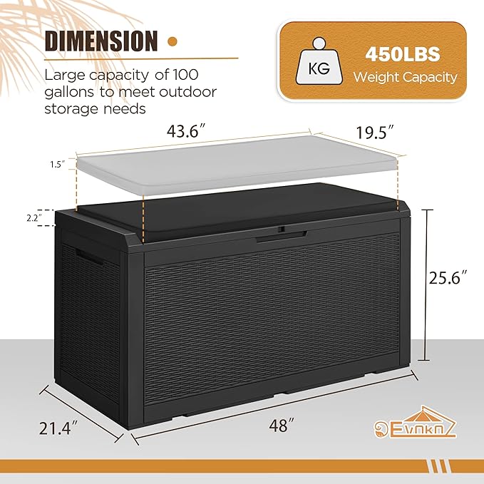 Devoko 100 Gallon Waterproof Large Resin Deck Box Outdoor Storage Box Indoor Lockable Storage Container with Cushion for Patio Furniture Garden Pool Cushions (Black) - Image 8