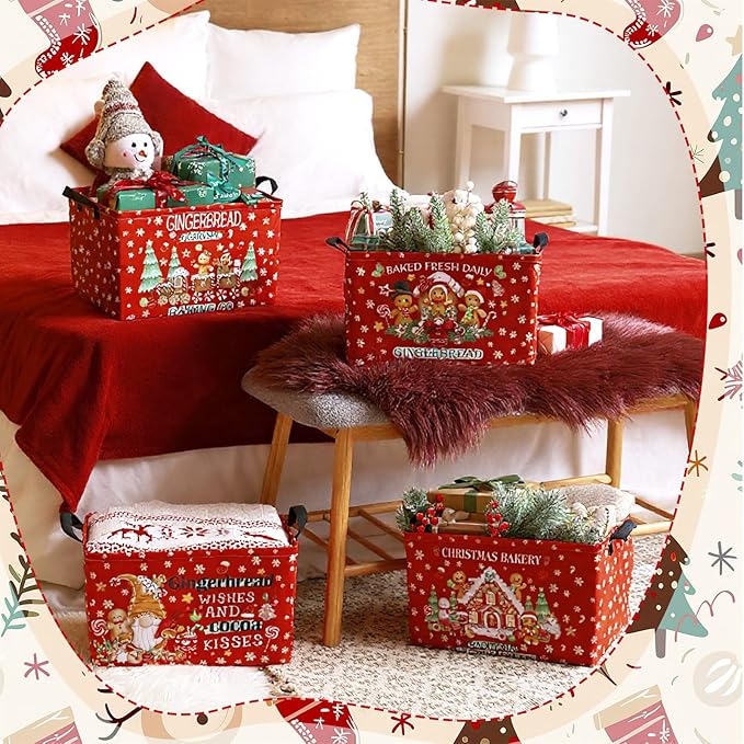 4 Pack Christmas Storage Bin Collapsible Large Christmas Gingerbread Man - Image 4