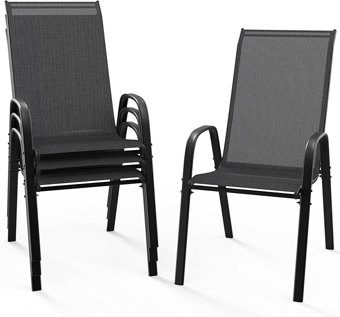 VINGLI Patio Chairs Set of 4 – Stackable Outdoor Dining Chairs with Comfortable Sling High Back Chairs and Armrests for Lawn, Poolside, Courtyard, Balcony, Garden, Black by VINGLI