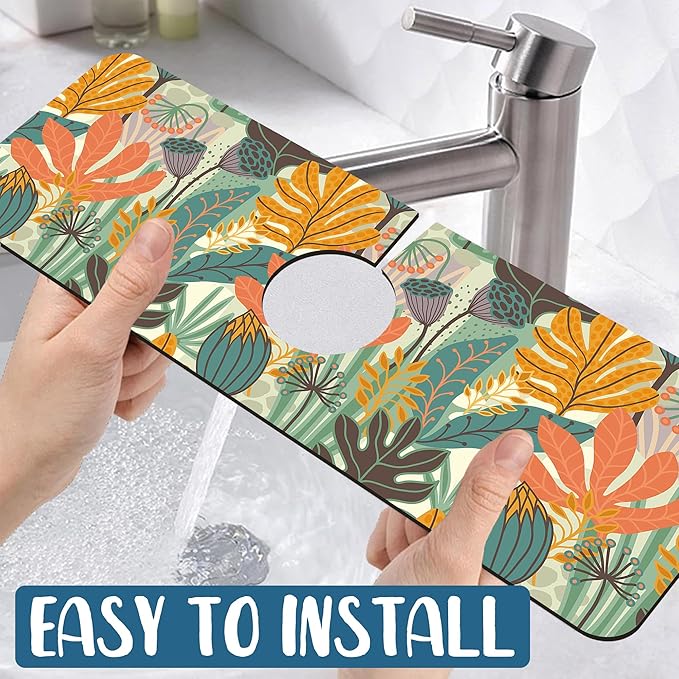 Abstract Leaves Sink Faucet Absorbing Mat Boho Leaves Super Absorbent Fast - Image 5