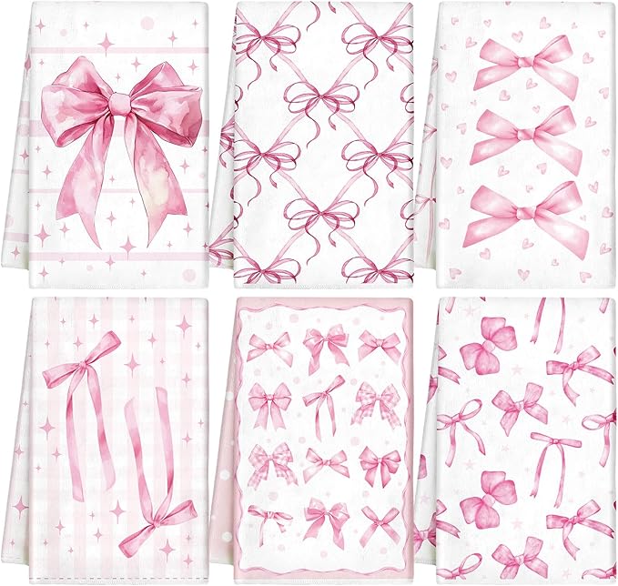 Breling Set of 6 Pink Bow Towels Vintage Pink Dish Towel Bathroom Decorative by Breling