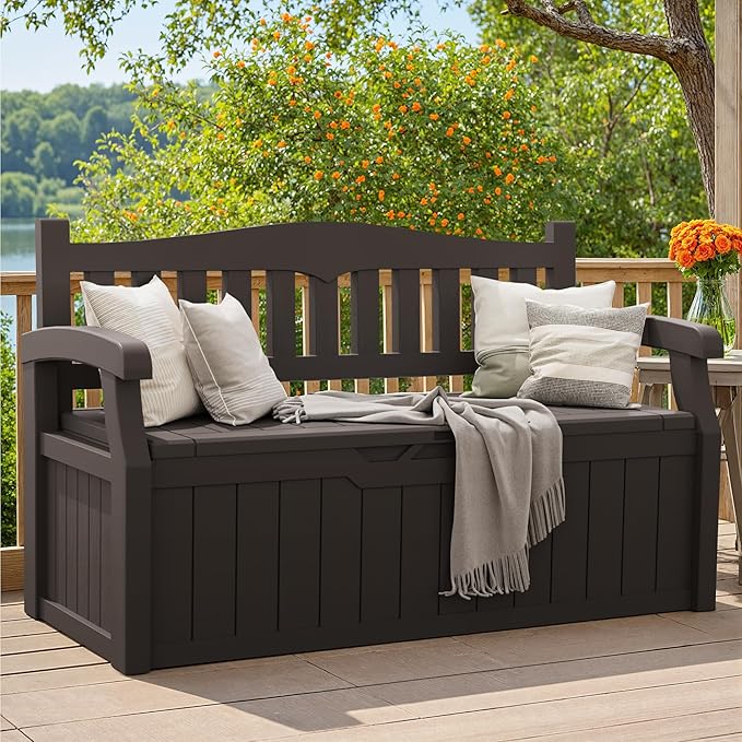 Greesum 80 Gallon Storage Bench Outdoor Deck Box with Armrest, Patio Furniture,Lockable, Waterproof and UV Resistant, Suitable for Garden, Pool, Brown - Image 2