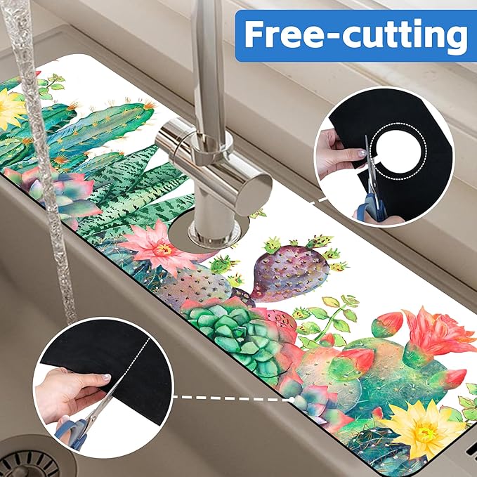 Watercolor Cactus Floral Sink Faucet Absorbing Mat Sink Splash Guard Faucet Mat - Image 7