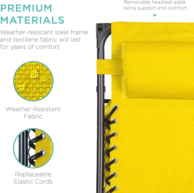 Best Choice Products Folding Zero Gravity Outdoor Recliner Patio Lounge Chair w/Adjustable Canopy Shade, Headrest, Side Accessory Tray, Textilene Mesh - Sunflower Yellow - Image 5