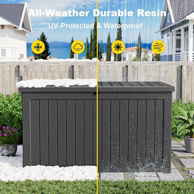 ROJIK Outdoor Storage Housing Deck Box - Waterproof Patio Furniture, Garden Tools, Cushions, Pool Accessories Storage Bench with Lockable Lid and Side Handles (Black 238 Gal) - Image 6