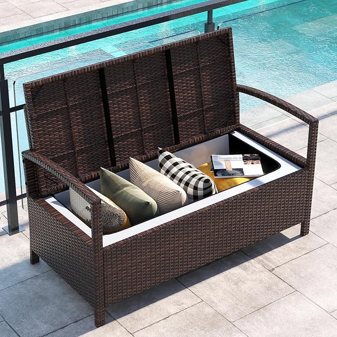 Tangkula 42 Gallon Outdoor Bench with Storage, Outdoor PE Rattan Storage Bench with Cushion, Backrest & Acacia Wood Armrests, Metal Frame, Waterproof Deck Box Seat for Porch Backyard Poolside - Image 8