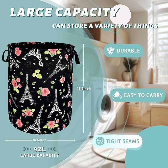 Retro Eiffel Tower Laundry Hamper Rose Flower Colorful Laundry Basket - Image 2