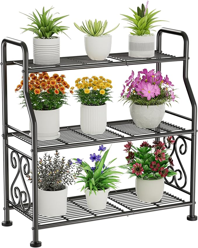 GIOTORENT Plant Stand Outdoor Indoor 3 Tier Metal Waterproof - 29.1" Plant Shelf for Patio, Balcony, Living Room, Large Capacity Tiered Plant Rack, Black by GIOTORENT