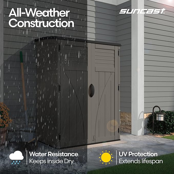 Suncast Outdoor Storage Cabinet Waterproof Resin Vertical Outdoor Storage Shed (54 cu. ft.) for Patio, Garden Tools, Cushions, & Equipment. Weatherproof Plastic Multi-Wall Design, Capacity Made in USA - Image 5