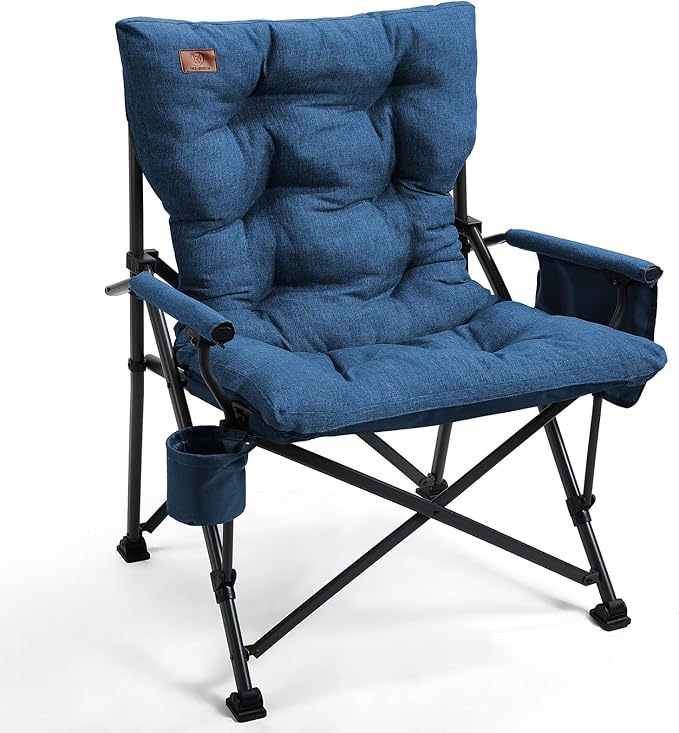 EVER ADVANCED Padded Oversized Folding Camping Chair for Adults, Heavy Duty Lawn Chair with Side Pockets, Portable Collapsible Quad Chair for Outside, Support Up to 500lbs, Blue by EVERADVANCED