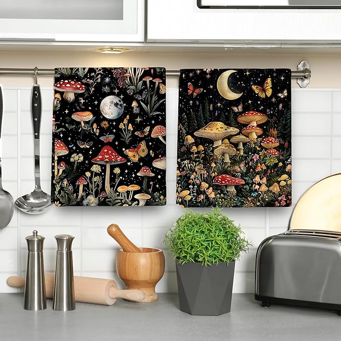 Mushroom Moth Kitchen Towels Decorative Set of 4, Witchy Dish Towels Absorbent - Image 5