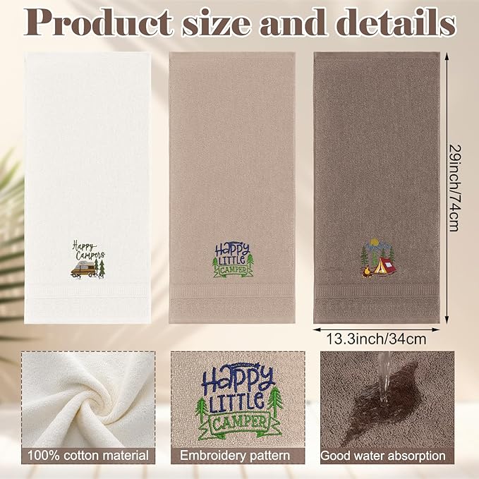 Kitchen 3 Pcs Camping Themed Hand Towels Embroidered Happy Camping Bathroom - Image 2