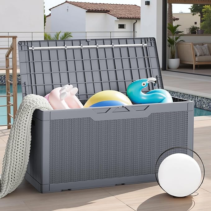 JUMMICO 100 Gallon Resin Deck Box, Waterproof Outdoor Storage Box with Lockable Lid for Garden Tools, Patio Cushions (Gray) - Image 7