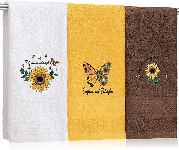 3 Pcs Sunflower Butterfly Hand Towels by SmoothNovelty