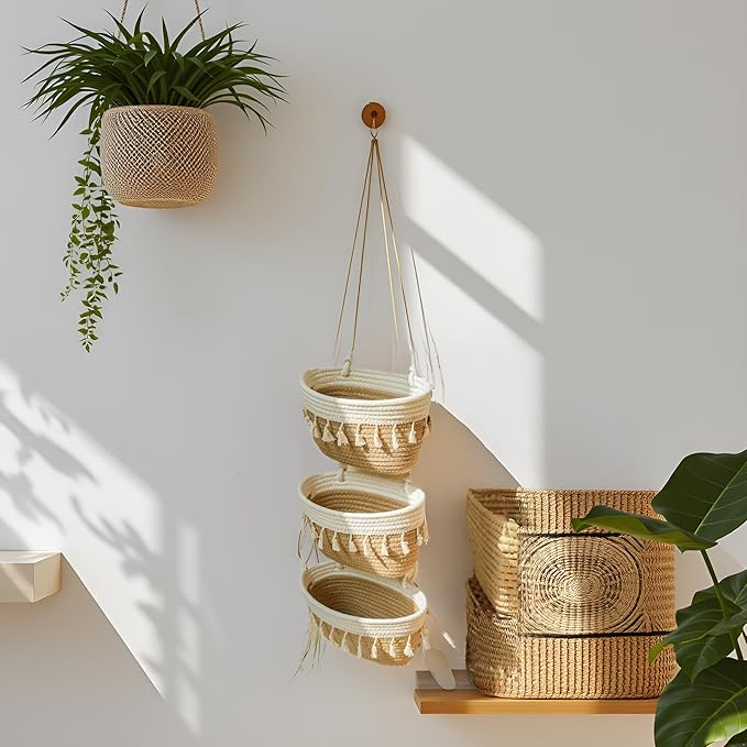 Hanging Baskets for Organizing, 3-Tier Woven Cotton Wall-Mounted Storage - Image 3