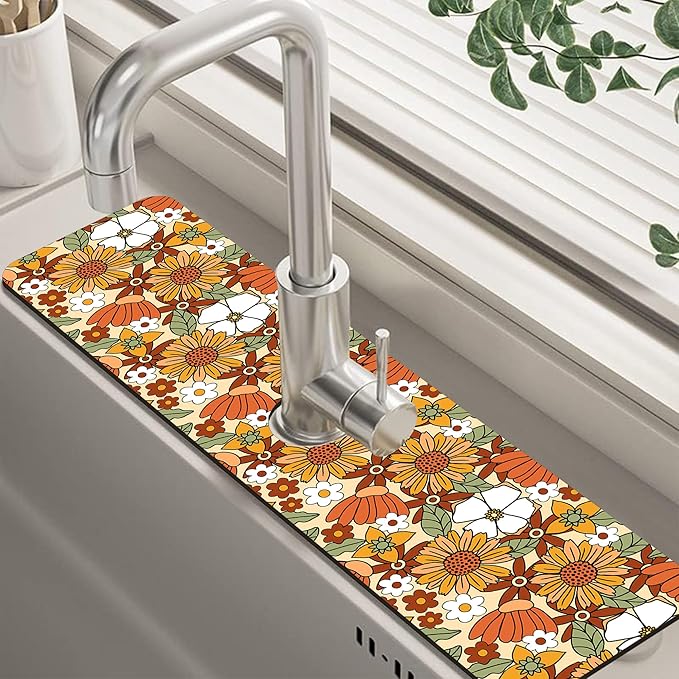 70s Retro Orange Floral Kitchen Sink Splash Guard Mat Absorbent Fast Drying Mat by Unknown