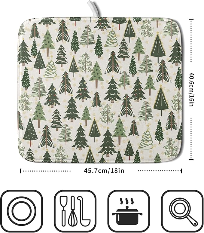 Christmas Dish Drying Mat for Kitchen Counter 16x18 Green Xmas Tree Block Print - Image 2