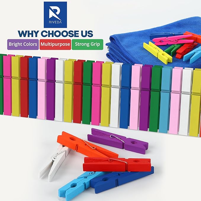 RIVEDA 50pcs Colored Wooden Clothes Pins, 2.9inch 10 Colors, Clothespins - Image 9