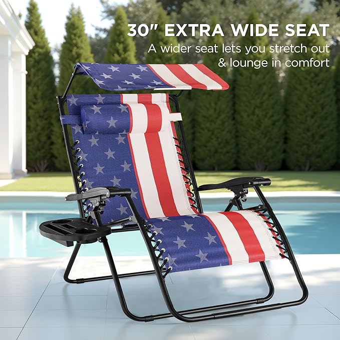 Best Choice Products 30” Wide Folding Zero Gravity Outdoor Recliner Patio Lounge Chair w/Adjustable Canopy Shade, Headrest, Side Accessory Tray - American Flag - Image 3