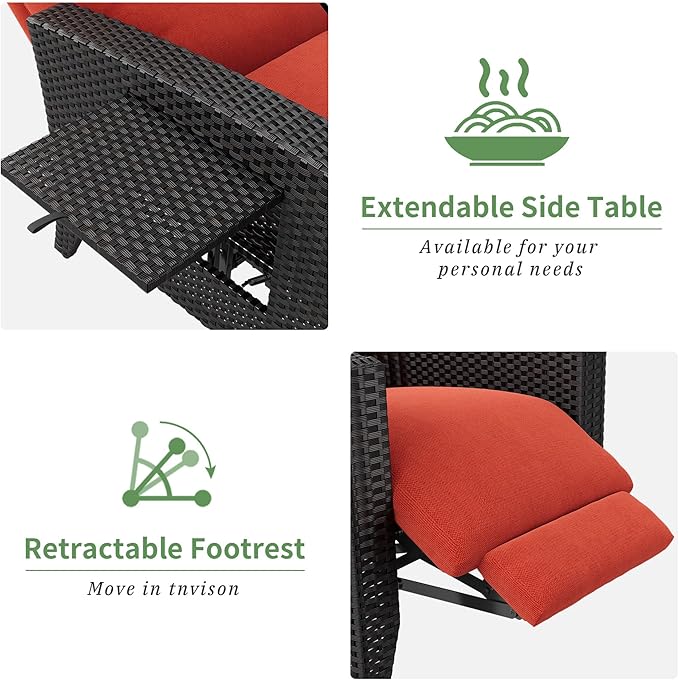 IDEALHOUSE Wicker Outdoor Recliner Reclining Patio Chairs with Adjustable Back & Footrest 150° Lay-Flat Reclining with Air Pump Rattan Flip-Up Side Table Outdoor Lounge Chairs for Pool Deck Balcony - Image 7
