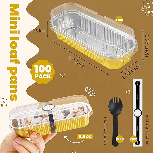 100 PACK Mini Cake Pans with Lids and Spoons, Rectangular Aluminum Foil Bread - Image 3
