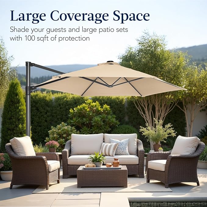 Best Choice Products 10ft Offset Cantilever Hanging Market Patio Umbrella, Smooth 360° Rotation, 8 Sturdy Ribs, Easy Adjustment - Sand - Image 4