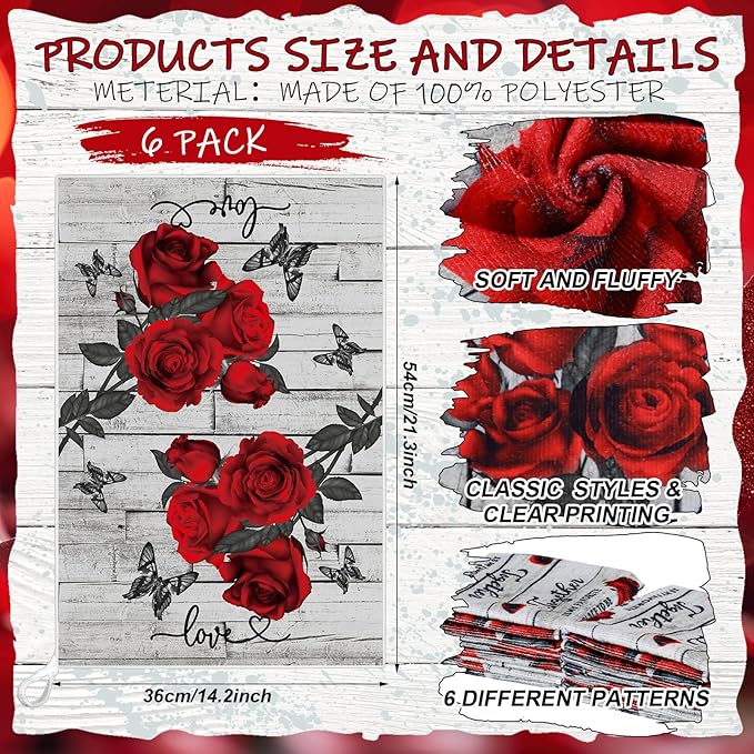 Breling Set of 6 Valentine's Day Red Rose Kitchen Towels Vintage Flowers Dish - Image 2