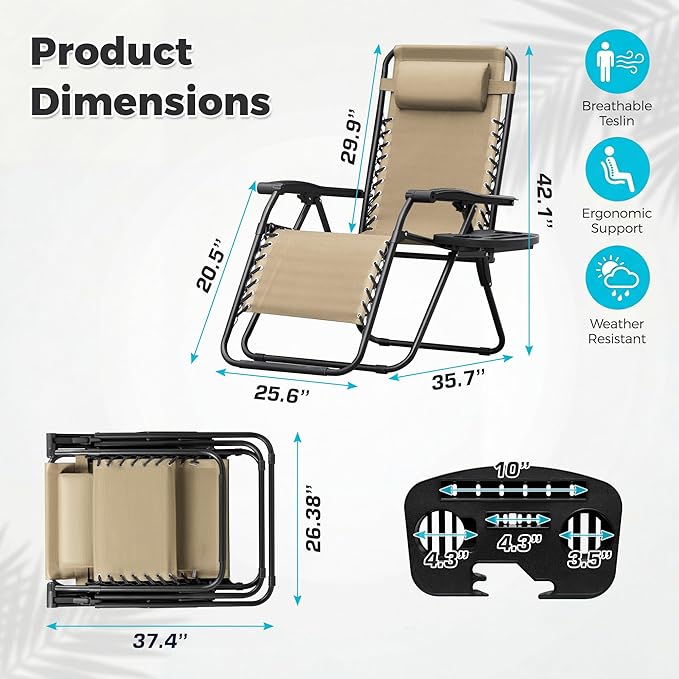 Homall Zero Gravity Chair Patio Folding Lawn Outdoor Lounge Gravity Camp Reclining Lounge Chair with Cup Holder Pillows for Poolside Backyard and Beach Set of 4 (Beige) - Image 3