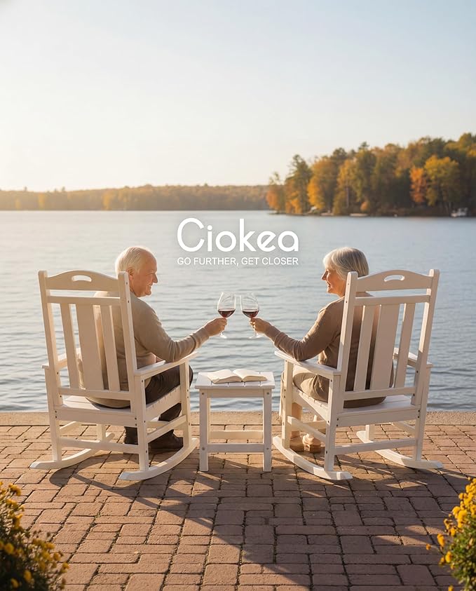 Ciokea Oversized Outdoor Rocking Chairs Set of 3, 380lbs Heavy-Duty Large Patio Rocker, High Back Cozy Porch Chairs, Weather Resistant Patio Rocking Chairs for Outside, Fire Pit, Deck, White - Image 5