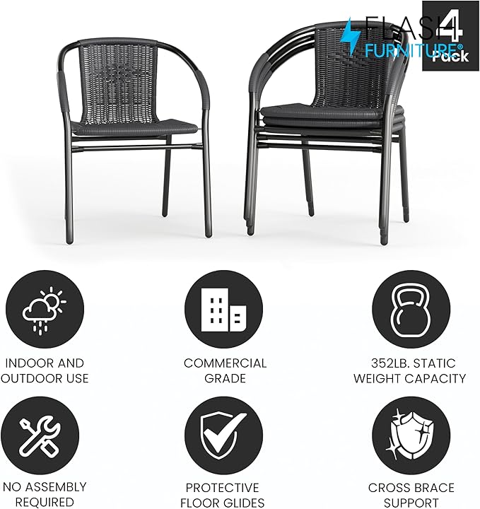 Flash Furniture Lila Modern Rattan Indoor/Outdoor Stackable Dining Chairs, Stacking Rattan Bistro Chairs for Patio or Restaurant, Set of 4, Gray - Image 4