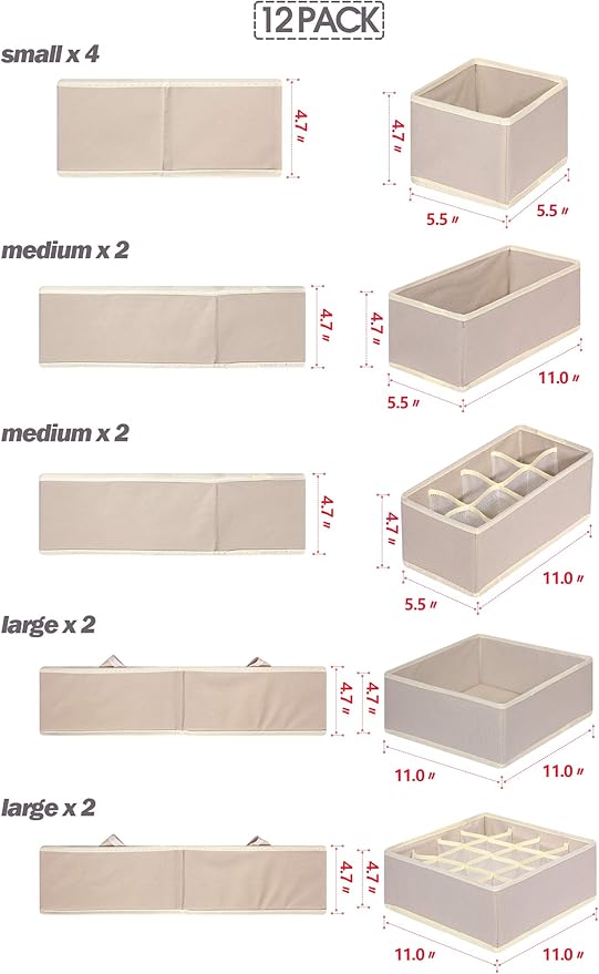 12 Pack Foldable Drawer Organizer Dividers Cloth Storage Box Closet Dresser - Image 2