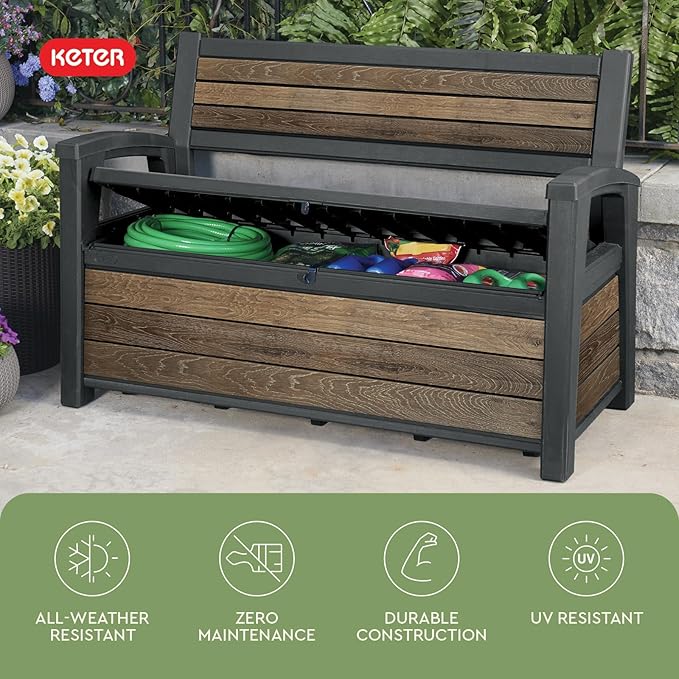 Keter Signature 60 Gallon Storage Bench Deck Box for Patio Furniture, Front Porch Decor and Outdoor Seating – Perfect to Store Garden Tools, Walnut - Image 5