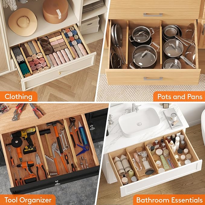 Lifewit 5" High 6 Pack Bamboo Drawer Dividers 45-55cm/17.5-22" Adjustable - Image 7
