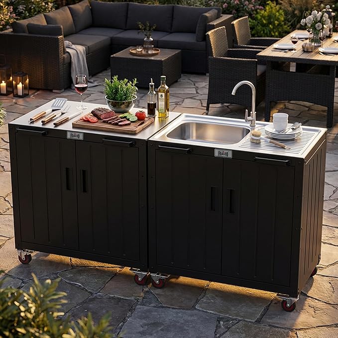 Outdoor Kitchen Island with Stainless Steel Sink and Storage Cabinet, 35-Inch BBQ Prep Station with Faucet & Lockable Wheels for Patio, Backyard, and Outdoor Cooking, Black & Silver - Image 2