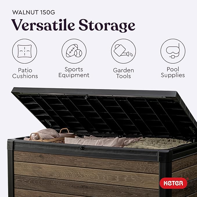 Keter Signature Collection 150 Gallon Resin Deck Box Organization and Storage Box for Patio Outdoor Cushions, Throw Pillows, Garden Tools and Pool Supplies, Walnut - Image 8