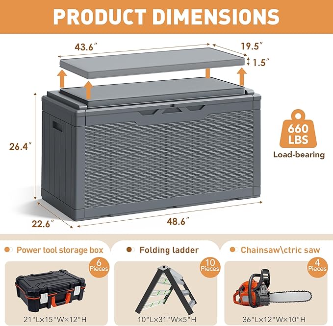Greesum 100 Gallon Resin Deck Box Large Outdoor Storage Boxes with Cushions for Garden Tools, Patio Furniture Pillows, Pool Supplies, Gray - Image 8