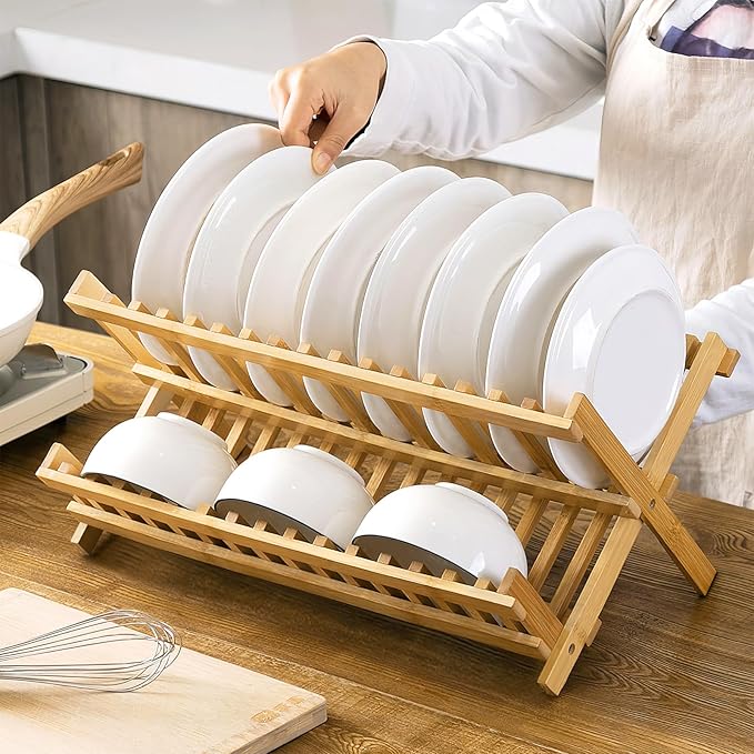 Bamboo Dish Drying Rack, Collapsible 2-Tier Dish Drainer Kitchen Plate Rack - Image 5
