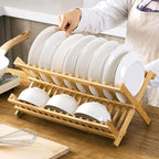 Bamboo Dish Drying Rack, Collapsible 2-Tier Dish Drainer Kitchen Plate Rack - Image 5