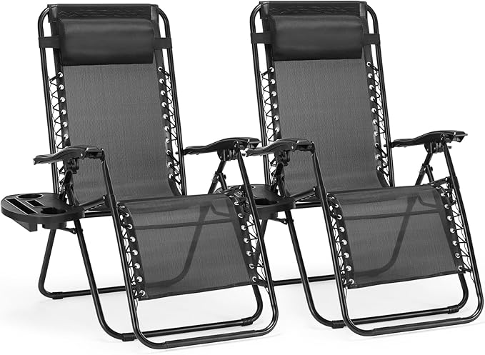 NEWBULIG Zero Gravity Chair Set of 2, Lounge Chair Folding Portable Adjustable Camping Reclining Chairs with Adjustable Pollow, Mesh Back, Cup Holder Trays Lawn Patio Chair for Pool Beach - Black by NEWBULIG