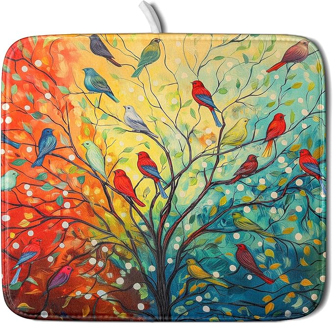 Colorful Spring Tree Bird Dish Drying Mats by Kawani