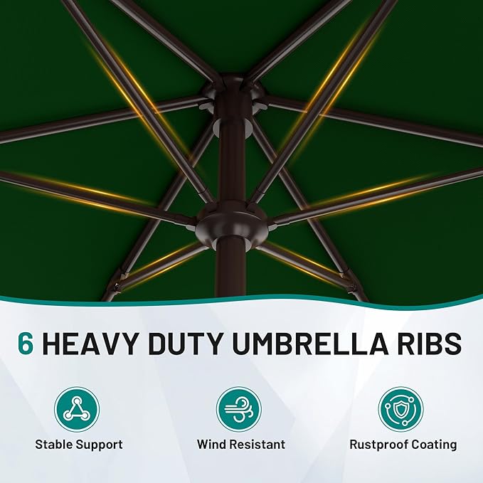 AreShark 7.5FT Patio Umbrella Table Market Umbrella with 6 Sturdy Ribs, Button Tilt/Crank, Heavy-Duty Outdoor Umbrellas for Pool, Deck, Garden and Backyard, Dark Green - Image 4
