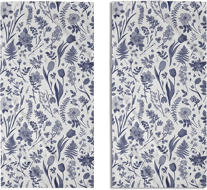 Spring Floral Hand Towels for Bathroom Set of 2 Blue White Flower Leaves by Aytipun