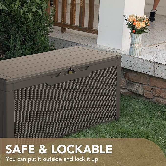 Devoko 100 Gallon Waterproof Large Resin Deck Box Indoor Outdoor Lockable Storage Container for Patio Furniture Cushions Garden Tools (100 Gallon, Light Brown) - Image 5