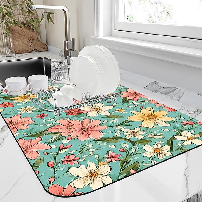 Dish Drying Mat Spring Flower Kitchen Mat 16"x24" Bsorbent Coffee Maker Mat by Unknown